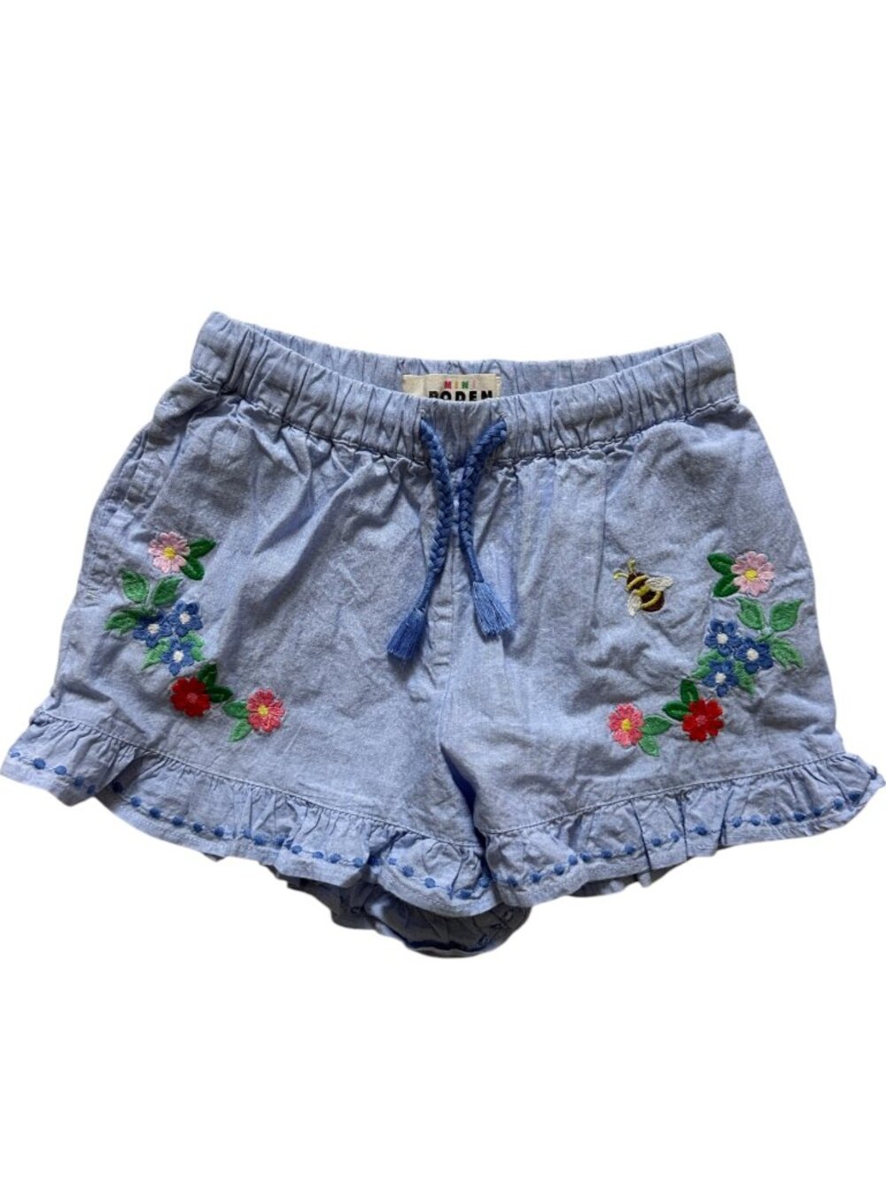 Mini Boden Blue Floral Bee Embroidered Ruffle Shorts Size 5-6Y